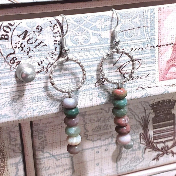Indian Agate Gemstone Rondelle Beads Textured Silver Ring Handcrafted Earrings - Picture 1 of 11